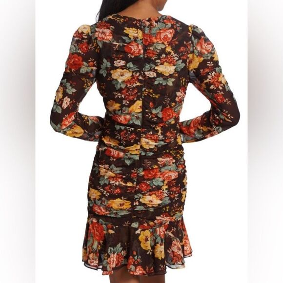 Veronica Beard Hedera Black Floral Print Ruched Long Sleeve Silk Mini Dress Sz 0 - Picture 2 of 9